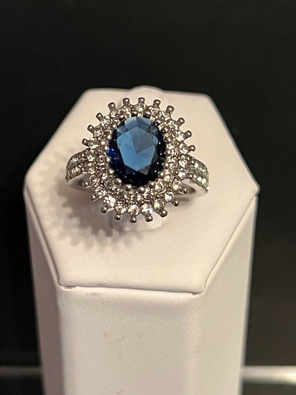 Oval Simulated Sapphire Blue and Diamond Double Halo Ring Size 8 (127)